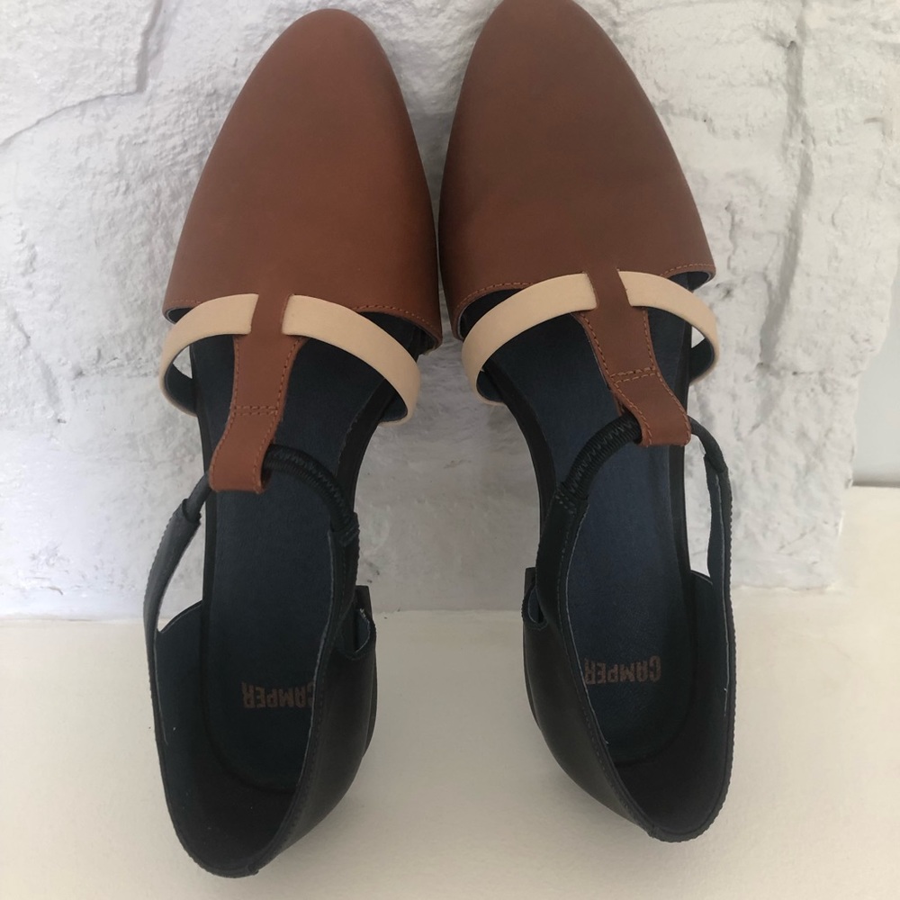Camper Brown and Black Flats with Cream Straps
